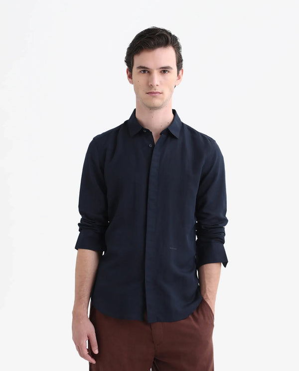 Rare Rabbit Men's Throner Navy Full Sleeves Solid Linen Blend Shirt