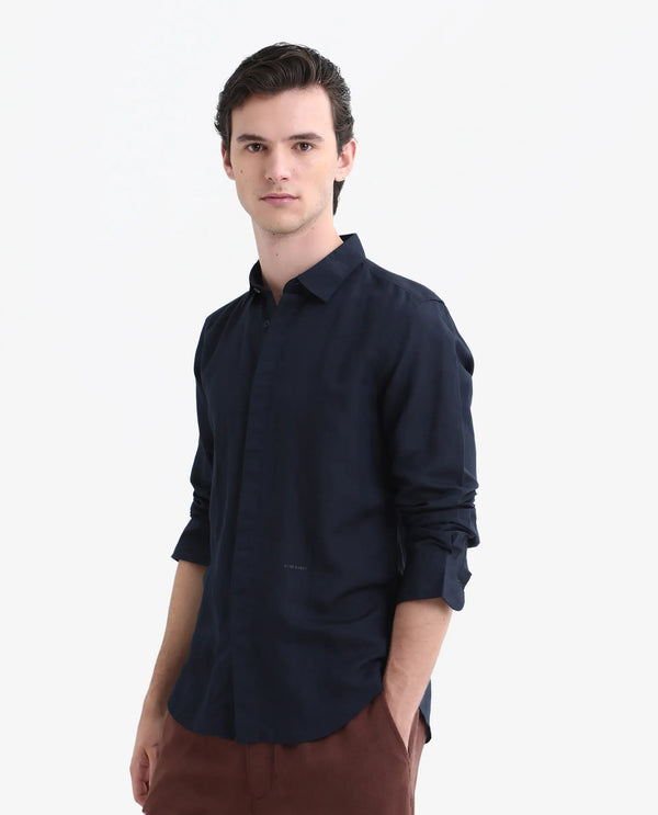 Rare Rabbit Men's Throner Navy Full Sleeves Solid Linen Blend Shirt