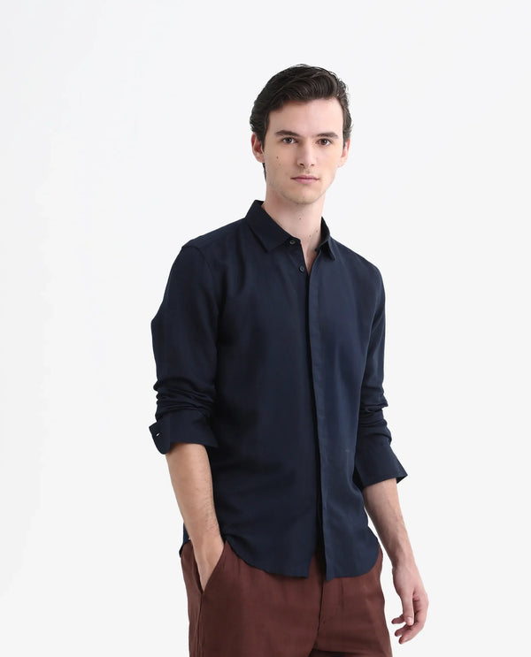 Rare Rabbit Men's Throner Navy Full Sleeves Solid Linen Blend Shirt