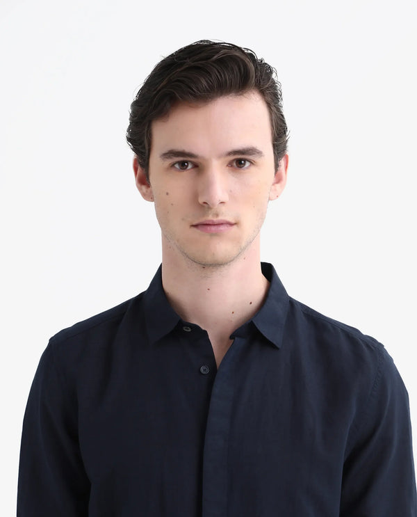 Rare Rabbit Men's Throner Navy Full Sleeves Solid Linen Blend Shirt