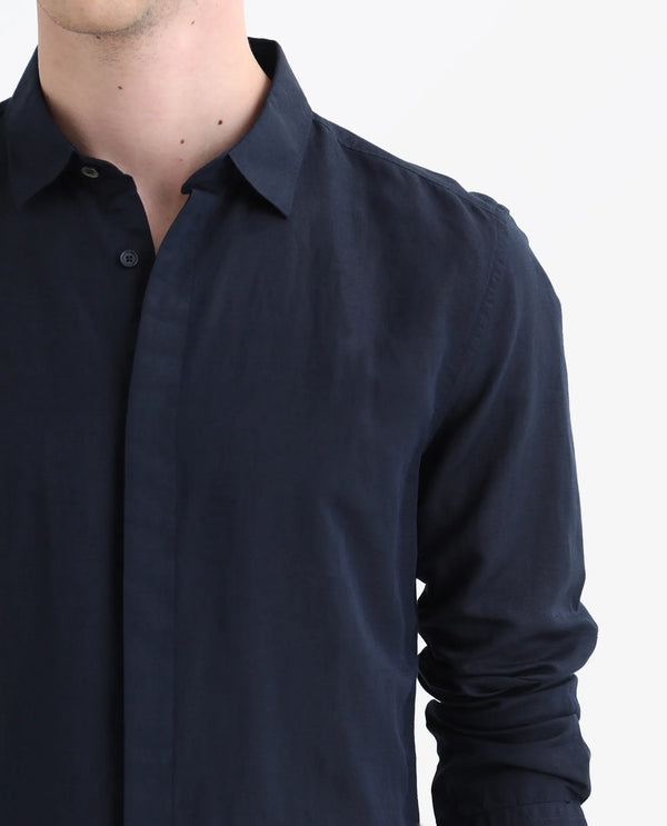 Rare Rabbit Men's Throner Navy Full Sleeves Solid Linen Blend Shirt