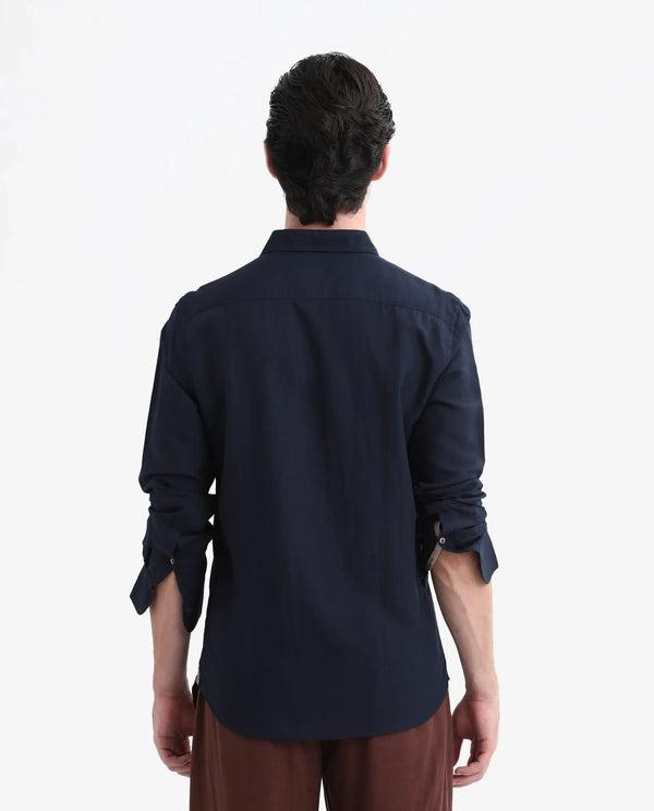 Rare Rabbit Men's Throner Navy Full Sleeves Solid Linen Blend Shirt