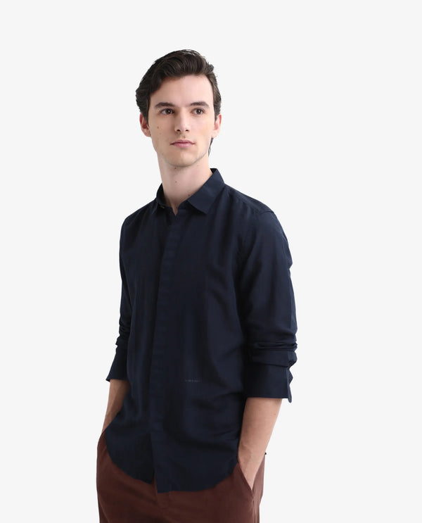 Rare Rabbit Men's Throner Navy Full Sleeves Solid Linen Blend Shirt