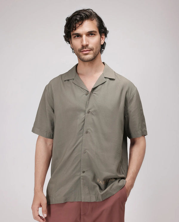 Rare Rabbit Men Thuban Olive Cotton Fabric Full Sleeve Cuban Collar Button Closure Floral Back Print Shirt
