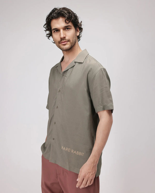 Rare Rabbit Men Thuban Olive Cotton Fabric Full Sleeve Cuban Collar Button Closure Floral Back Print Shirt