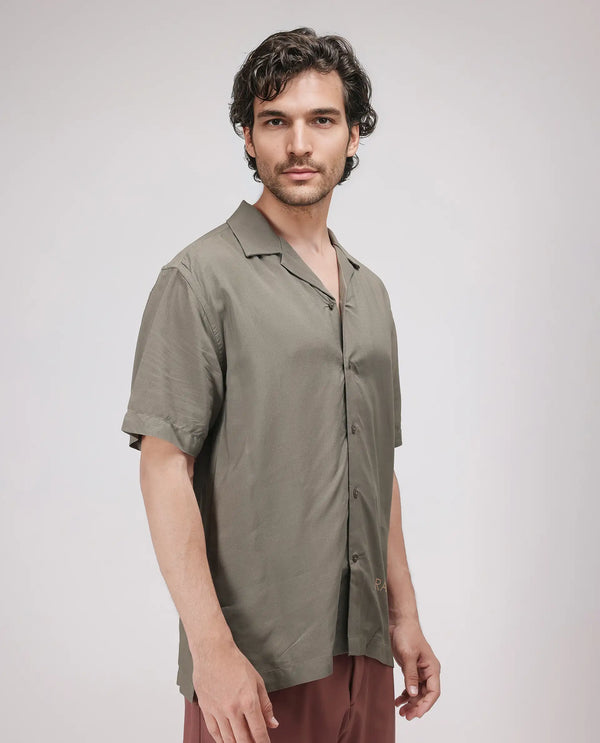 Rare Rabbit Men Thuban Olive Cotton Fabric Full Sleeve Cuban Collar Button Closure Floral Back Print Shirt