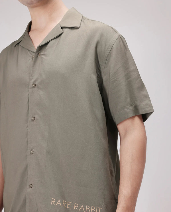 Rare Rabbit Men Thuban Olive Cotton Fabric Full Sleeve Cuban Collar Button Closure Floral Back Print Shirt