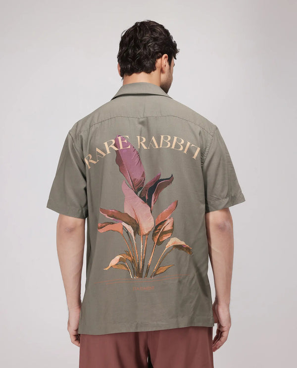 Rare Rabbit Men Thuban Olive Cotton Fabric Full Sleeve Cuban Collar Button Closure Floral Back Print Shirt