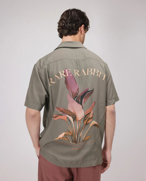Rare Rabbit Men Thuban Olive Cotton Fabric Full Sleeve Cuban Collar Button Closure Floral Back Print Shirt