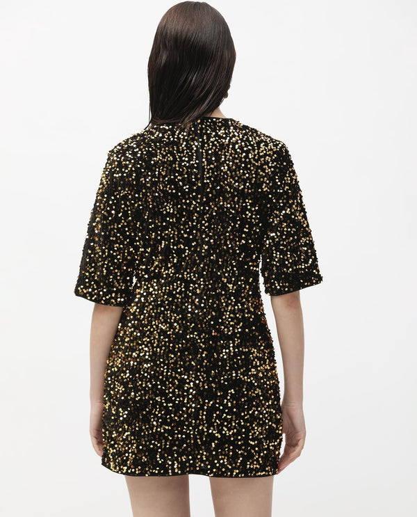 Rareism Women Tiana Sheen Gold Sequined Round Neck 3/4 Sleeves And Back Zip Closure Mini Dress