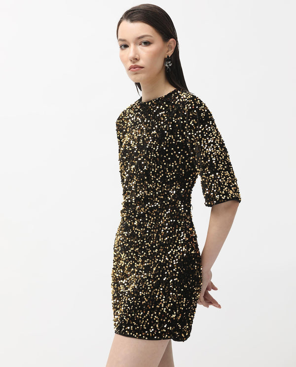Rareism Women Tiana Sheen Gold Sequined Round Neck 3/4 Sleeves And Back Zip Closure Mini Dress