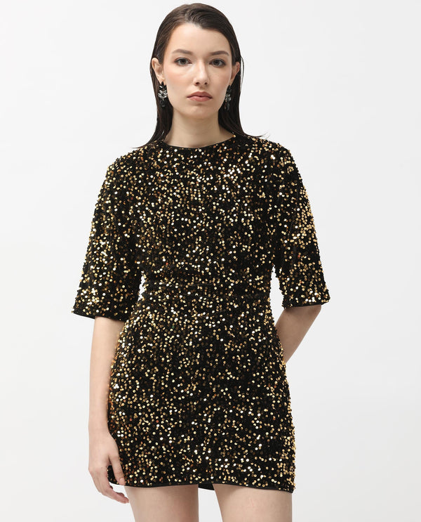 Rareism Women Tiana Sheen Gold Sequined Round Neck 3/4 Sleeves And Back Zip Closure Mini Dress