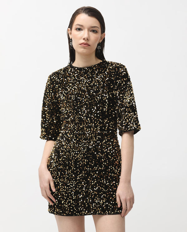 Rareism Women Tiana Sheen Gold Sequined Round Neck 3/4 Sleeves And Back Zip Closure Mini Dress