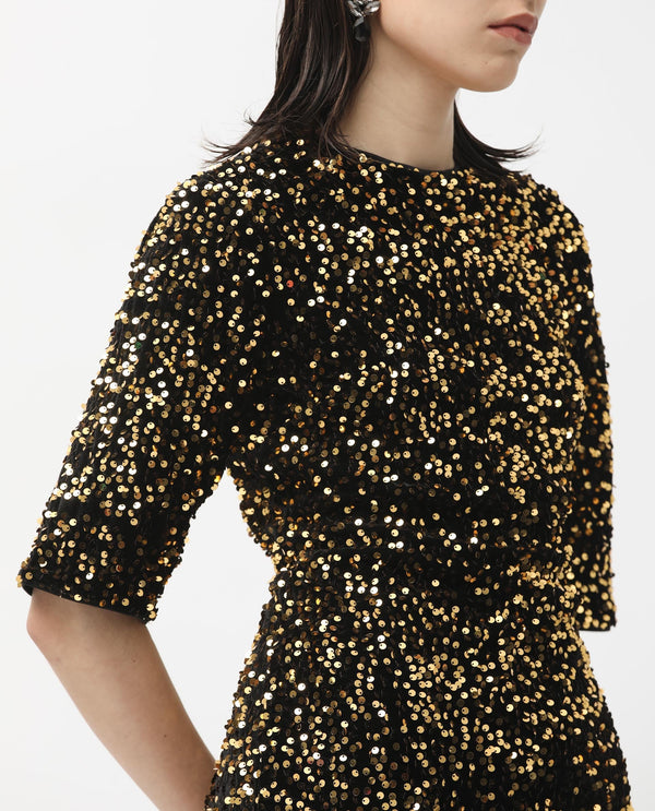 Rareism Women Tiana Sheen Gold Sequined Round Neck 3/4 Sleeves And Back Zip Closure Mini Dress