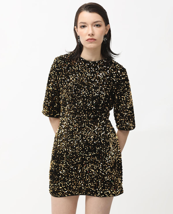 Rareism Women Tiana Sheen Gold Sequined Round Neck 3/4 Sleeves And Back Zip Closure Mini Dress