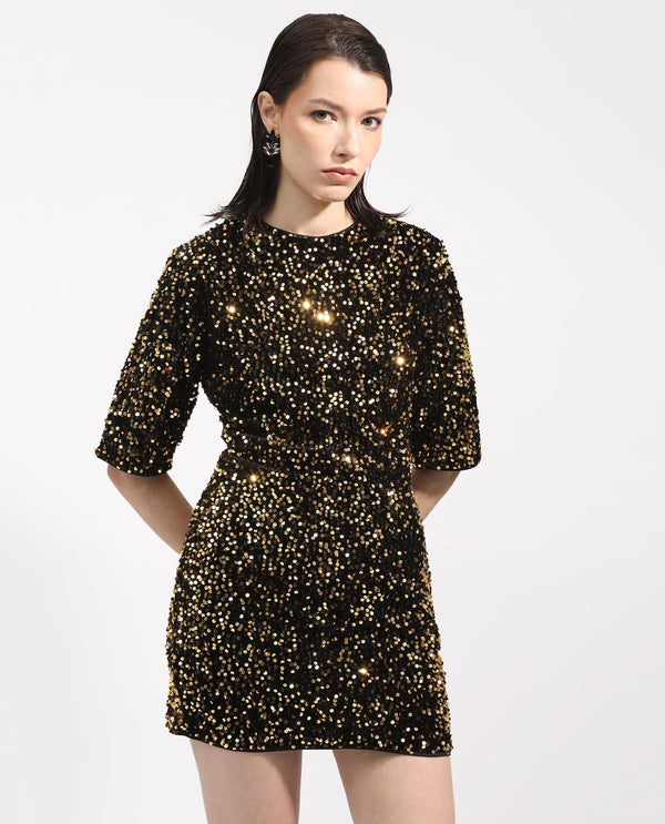 Rareism Women Tiana Sheen Gold Sequined Round Neck 3/4 Sleeves And Back Zip Closure Mini Dress