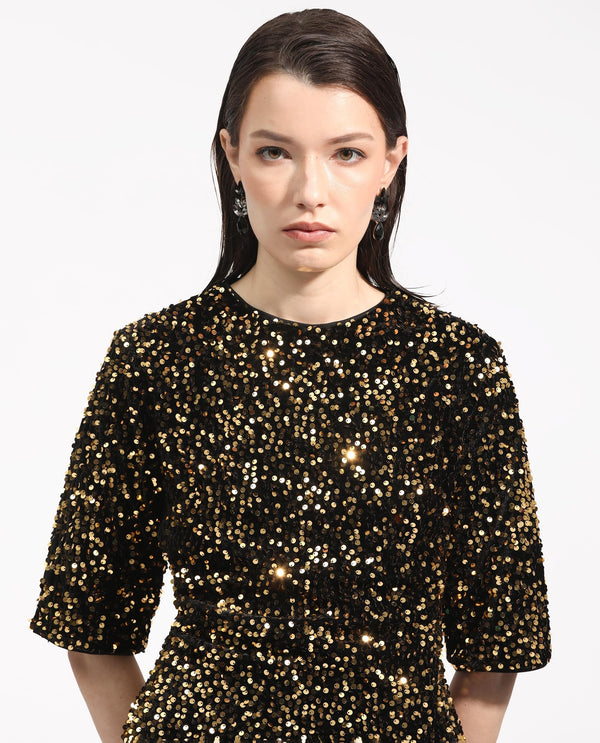 Rareism Women Tiana Sheen Gold Sequined Round Neck 3/4 Sleeves And Back Zip Closure Mini Dress