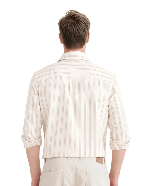 Rare Rabbit Men's Tickob Beige Cotton Fabric Full Sleeve Regular Collared Stripe Print Shirt