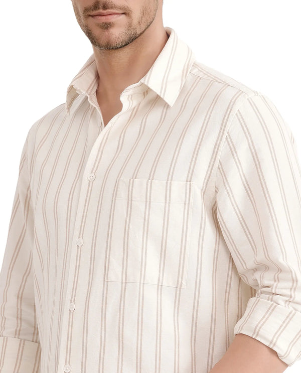 Rare Rabbit Men's Tickob Beige Cotton Fabric Full Sleeve Regular Collared Stripe Print Shirt