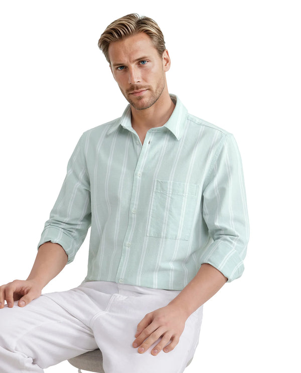Rare Rabbit Men's Ticko Pastel Green Cotton Fabric Full Sleeve Regular Collared Button Closure Striped Shirt