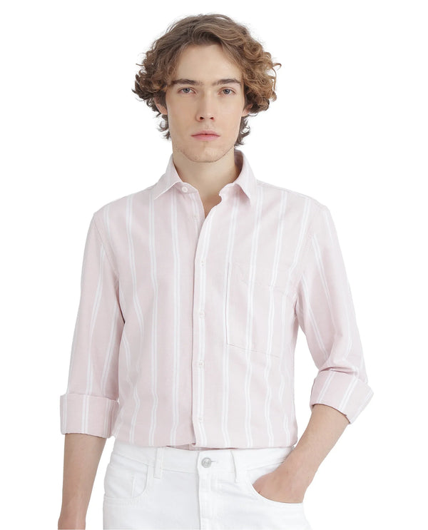 Rare Rabbit Men's Tickop Light Pink Cotton Fabric Full Sleeve Regular Fit Stripe Printed Shirt