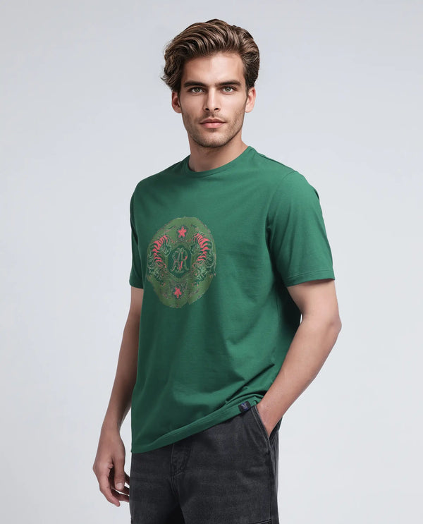 Rare Rabbit Men Tig Olive Cotton Lycra Fabric Short Sleeve Crew Neck Graphic Print T-Shirt