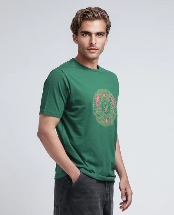 Rare Rabbit Men Tig Olive Cotton Lycra Fabric Short Sleeve Crew Neck Graphic Print T-Shirt