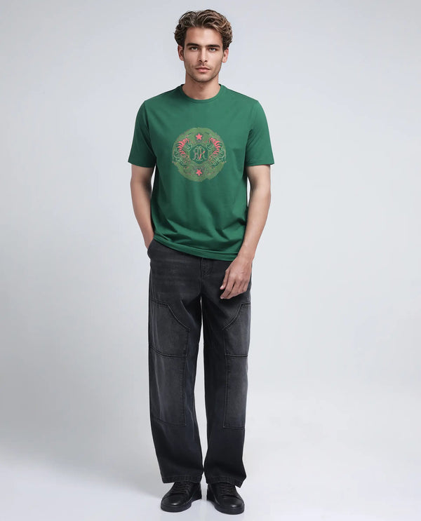 Rare Rabbit Men Tig Olive Cotton Lycra Fabric Short Sleeve Crew Neck Graphic Print T-Shirt