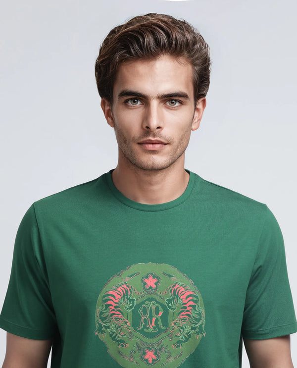 Rare Rabbit Men Tig Olive Cotton Lycra Fabric Short Sleeve Crew Neck Graphic Print T-Shirt