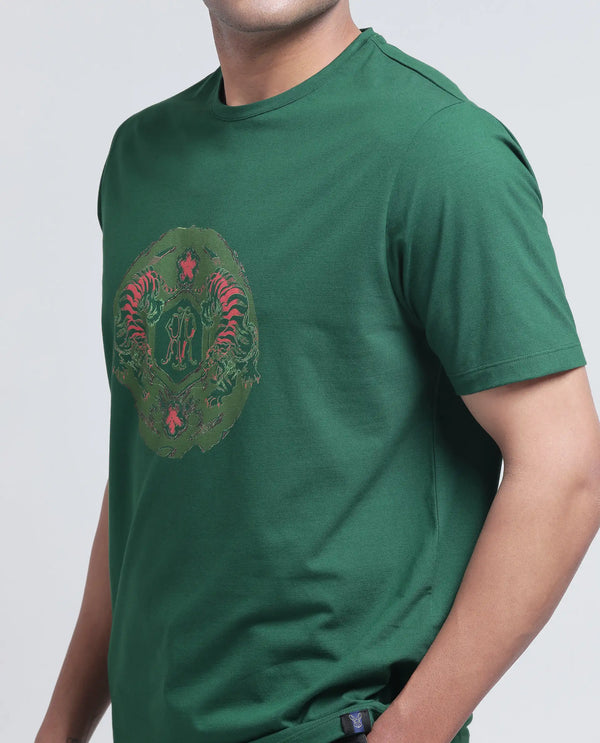 Rare Rabbit Men Tig Olive Cotton Lycra Fabric Short Sleeve Crew Neck Graphic Print T-Shirt