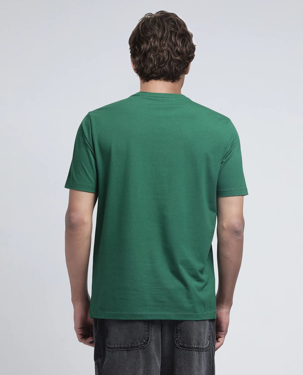Rare Rabbit Men Tig Olive Cotton Lycra Fabric Short Sleeve Crew Neck Graphic Print T-Shirt