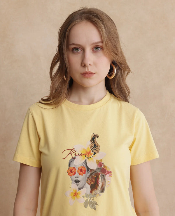 Rareism Women Tigo Light Yellow Cotton Lycra Fabric Short Sleeve Crew Neck Plain T-Shirt