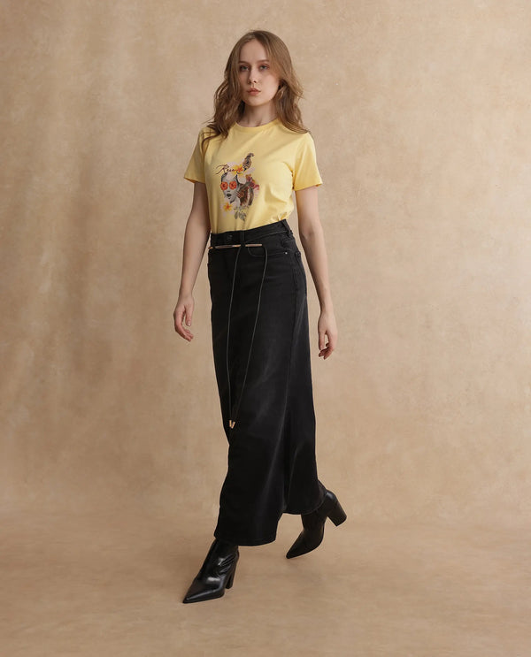 Rareism Women Tigo Light Yellow Cotton Lycra Fabric Short Sleeve Crew Neck Plain T-Shirt