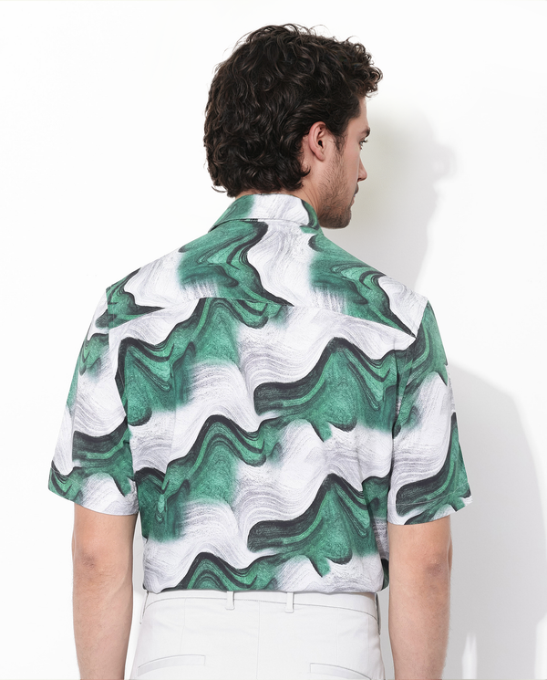 Rare Rabbit Men's Tijon Dark Green Viscose Fabric Short Sleeve Regular Fit Abstract Print Shirt