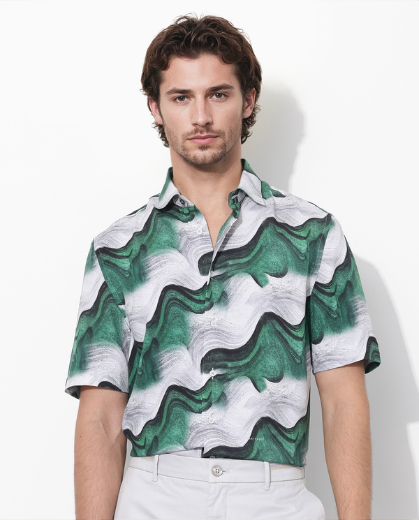 Rare Rabbit Men's Tijon Dark Green Viscose Fabric Short Sleeve Regular Fit Abstract Print Shirt