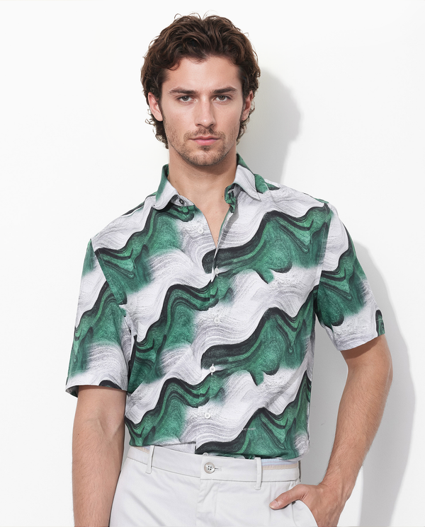 Rare Rabbit Men's Tijon Dark Green Viscose Fabric Short Sleeve Regular Fit Abstract Print Shirt