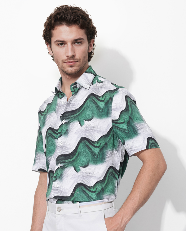 Rare Rabbit Men's Tijon Dark Green Viscose Fabric Short Sleeve Regular Fit Abstract Print Shirt