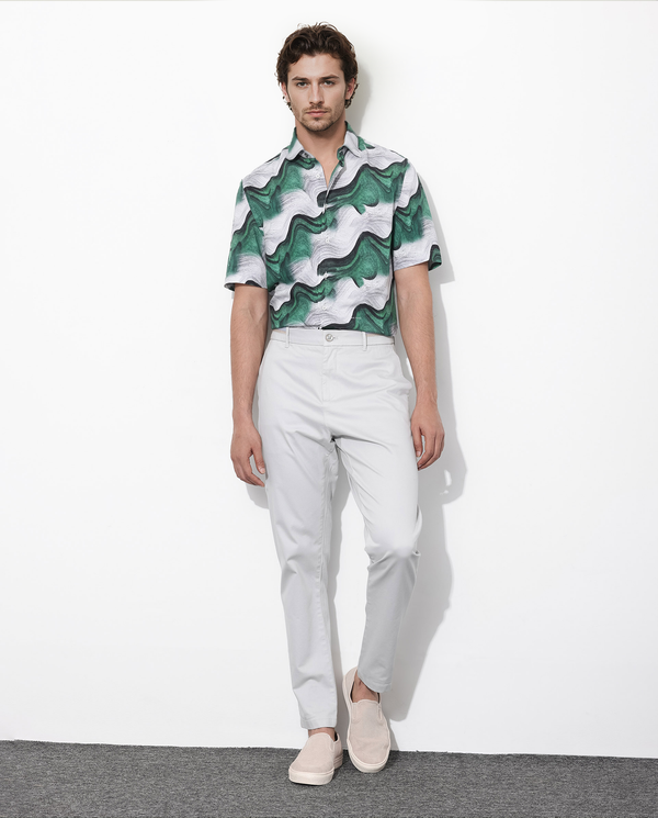 Rare Rabbit Men's Tijon Dark Green Viscose Fabric Short Sleeve Regular Fit Abstract Print Shirt