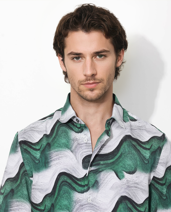 Rare Rabbit Men's Tijon Dark Green Viscose Fabric Short Sleeve Regular Fit Abstract Print Shirt