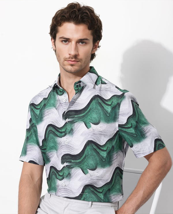 Rare Rabbit Men's Tijon Dark Green Viscose Fabric Short Sleeve Regular Fit Abstract Print Shirt