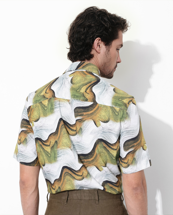 Rare Rabbit Men's Tijon Olive Viscose Fabric Short Sleeve Regular Fit Abstract Print Shirt