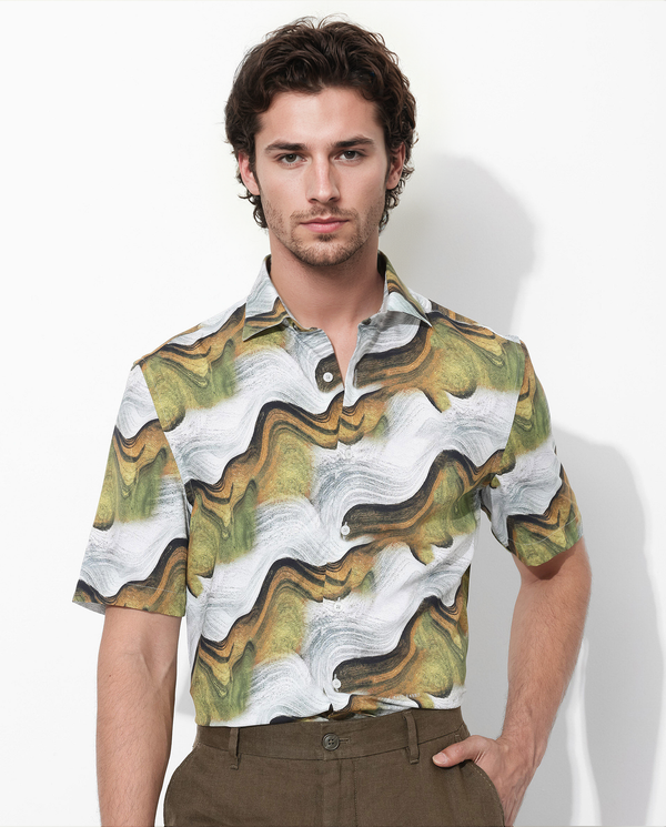 Rare Rabbit Men's Tijon Olive Viscose Fabric Short Sleeve Regular Fit Abstract Print Shirt