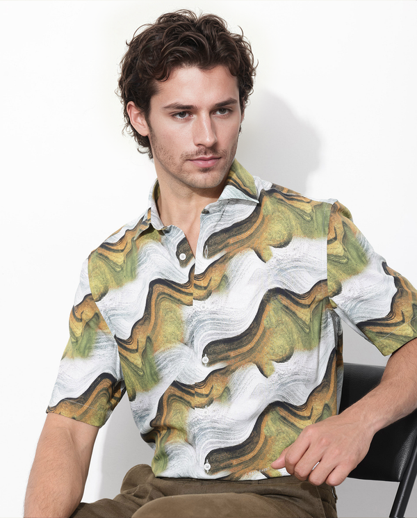 Rare Rabbit Men's Tijon Olive Viscose Fabric Short Sleeve Regular Fit Abstract Print Shirt