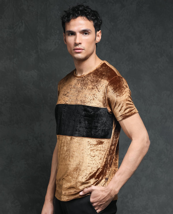 Rare Rabbit Men's Timos Mustard Polyester Lycra Fabric Crew Neck Half Sleeves Cut and Sew Velvet Texture T-Shirt