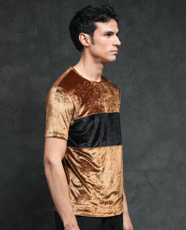 Rare Rabbit Men's Timos Mustard Polyester Lycra Fabric Crew Neck Half Sleeves Cut and Sew Velvet Texture T-Shirt