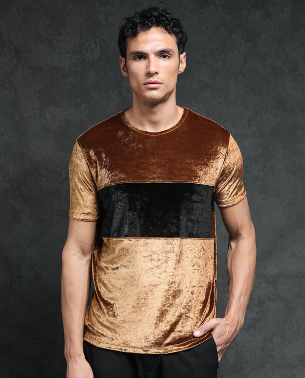 Rare Rabbit Men's Timos Mustard Polyester Lycra Fabric Crew Neck Half Sleeves Cut and Sew Velvet Texture T-Shirt