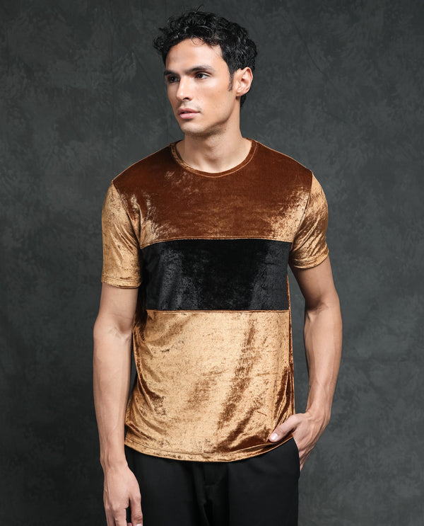 Rare Rabbit Men's Timos Mustard Polyester Lycra Fabric Crew Neck Half Sleeves Cut and Sew Velvet Texture T-Shirt