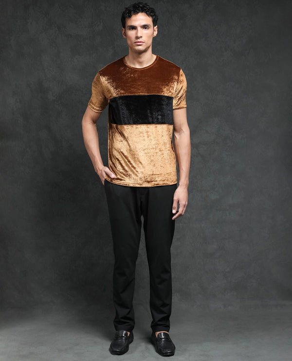 Rare Rabbit Men's Timos Mustard Polyester Lycra Fabric Crew Neck Half Sleeves Cut and Sew Velvet Texture T-Shirt