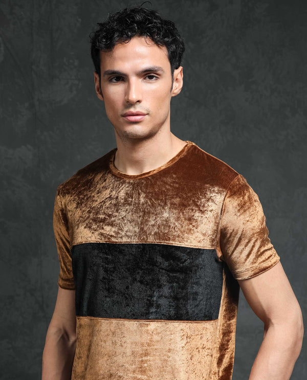 Rare Rabbit Men's Timos Mustard Polyester Lycra Fabric Crew Neck Half Sleeves Cut and Sew Velvet Texture T-Shirt