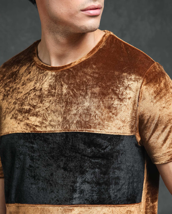 Rare Rabbit Men's Timos Mustard Polyester Lycra Fabric Crew Neck Half Sleeves Cut and Sew Velvet Texture T-Shirt